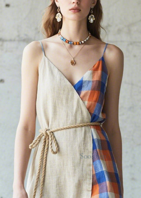 Casual Beige Asymmetrical Patchwork Linen Cami Dresses Summer
