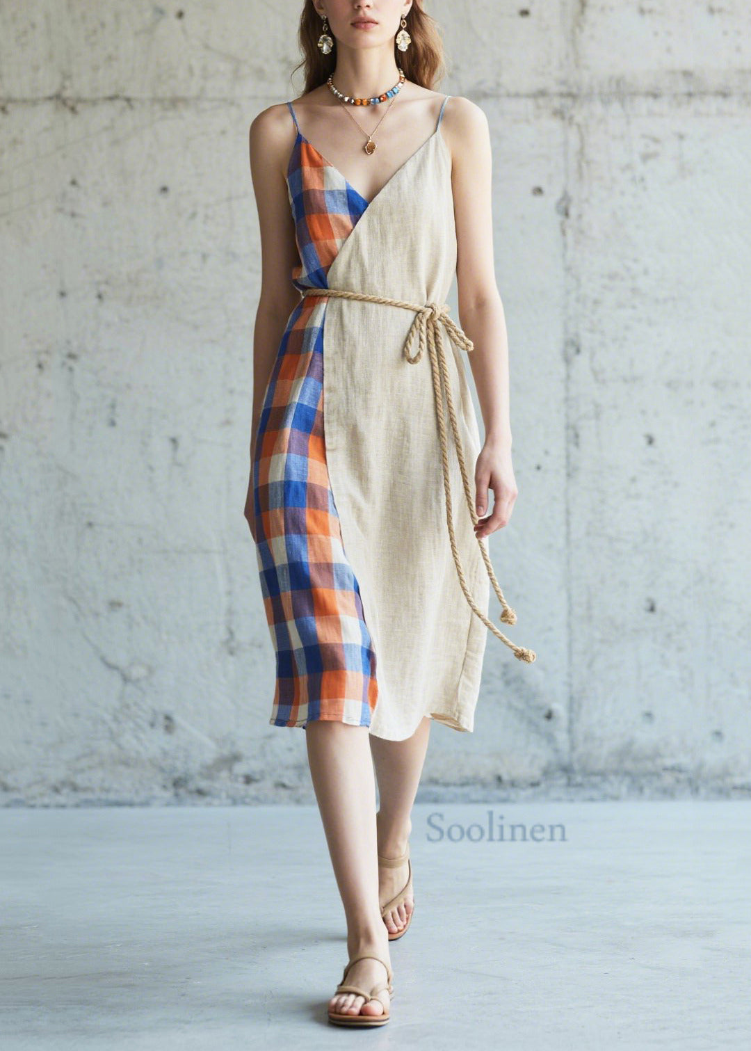 Casual Beige Asymmetrical Patchwork Linen Cami Dresses Summer
