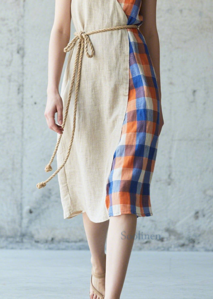 Casual Beige Asymmetrical Patchwork Linen Cami Dresses Summer