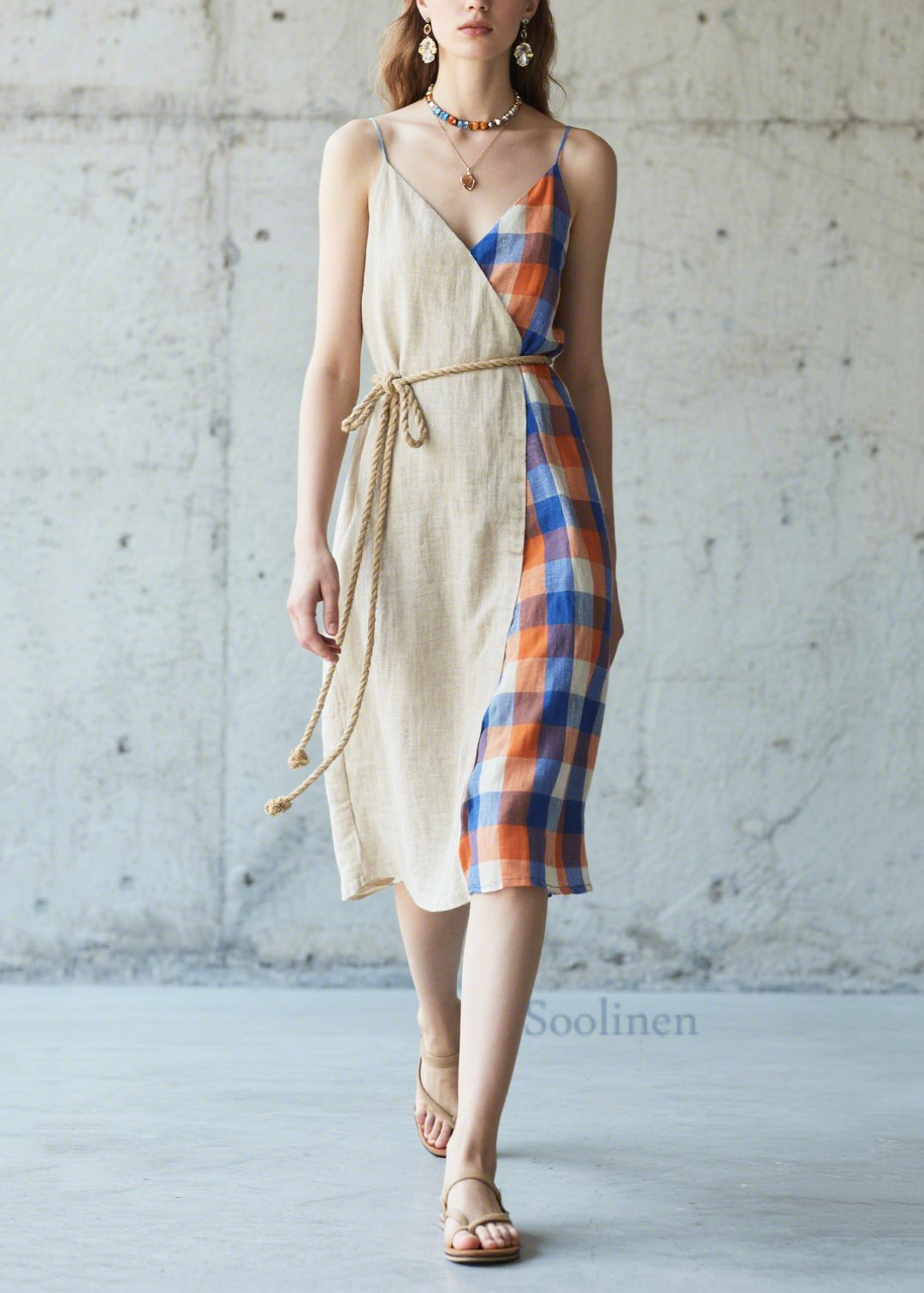 Casual Beige Asymmetrical Patchwork Linen Cami Dresses Summer