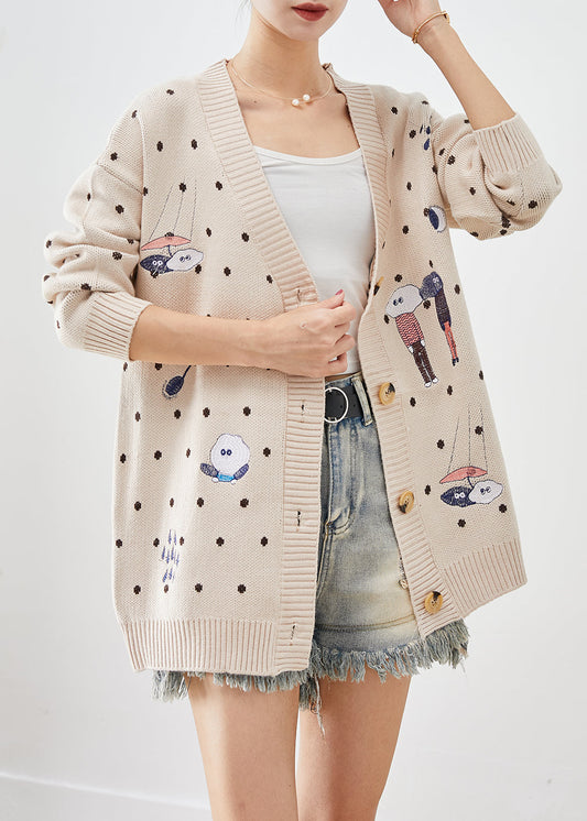Casual Beige Embroidered Knit Loose Coat Winter
