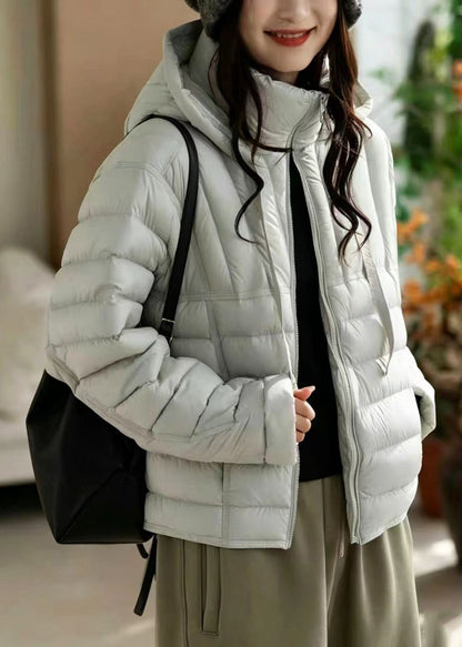 Casual Beige Hooded Drawstring Stand Collar Cotton Filled Puffers Jackets Winter