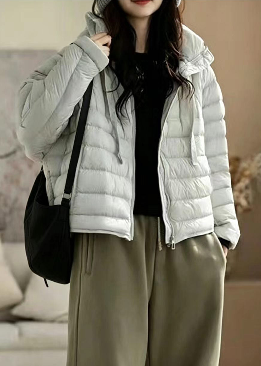 Casual Beige Hooded Drawstring Stand Collar Cotton Filled Puffers Jackets Winter