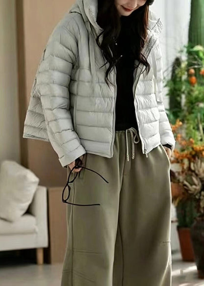 Casual Beige Hooded Drawstring Stand Collar Cotton Filled Puffers Jackets Winter