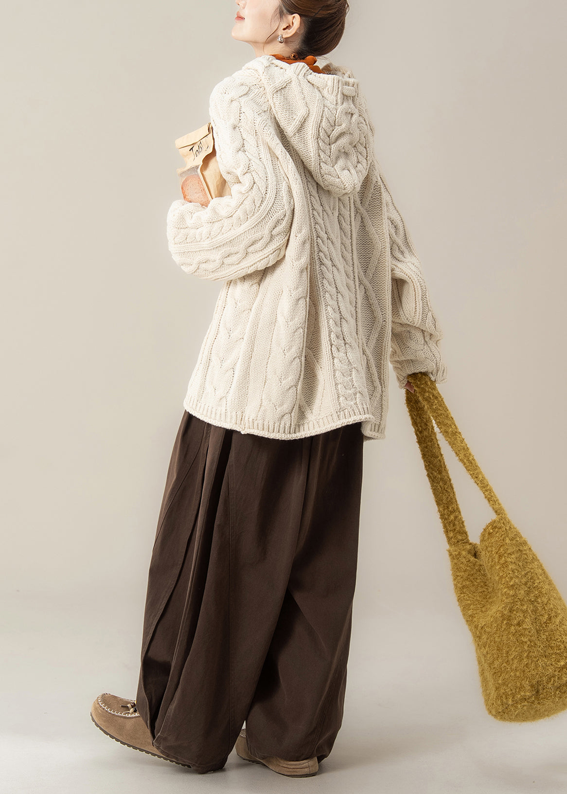 Casual Beige Hooded Knit Sweaters Three Pieces Set Spring