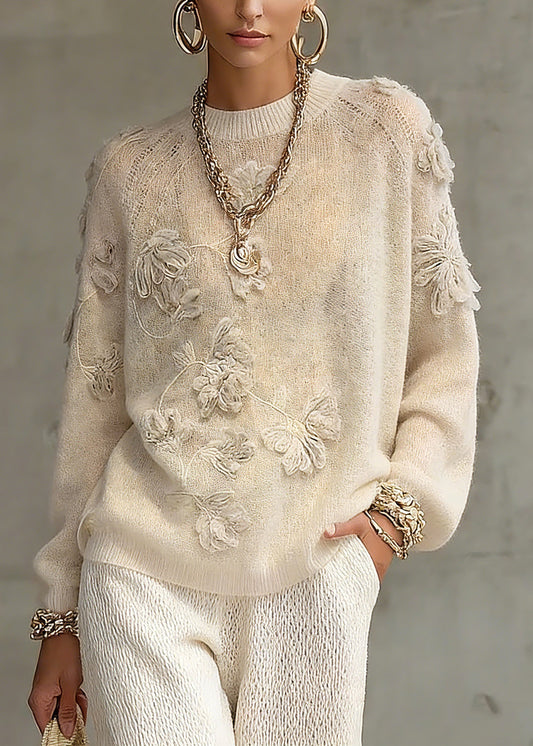 Casual Beige O-Neck Embroidered Cotton Knit Sweaters Spring