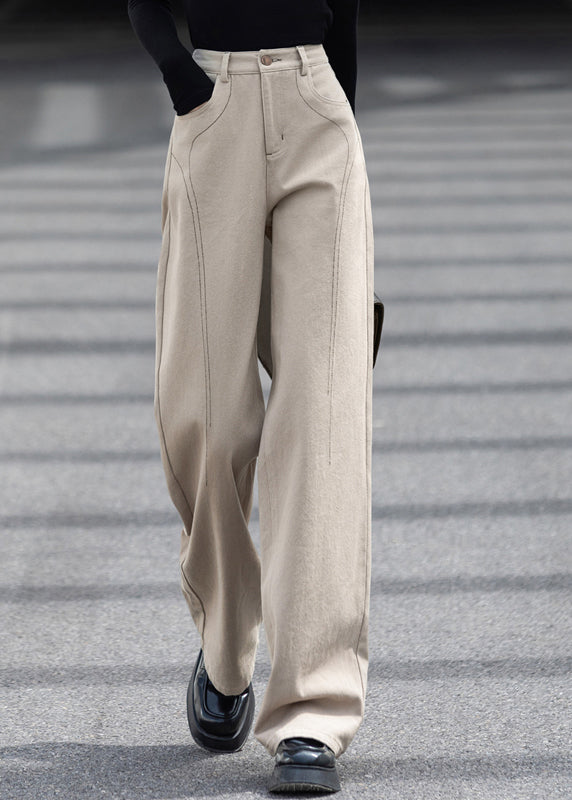 Casual Beige Oversized Pockets Cotton Pants Spring