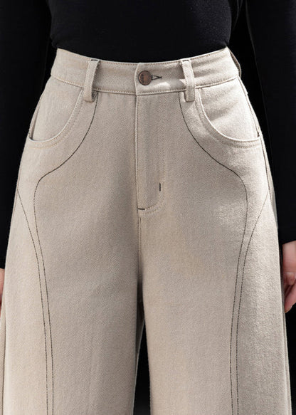 Casual Beige Oversized Pockets Cotton Pants Spring