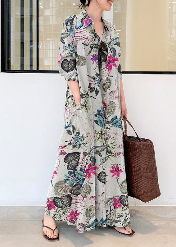 Casual Beige Oversized Print Cotton Shirt Ankle Dress Spring