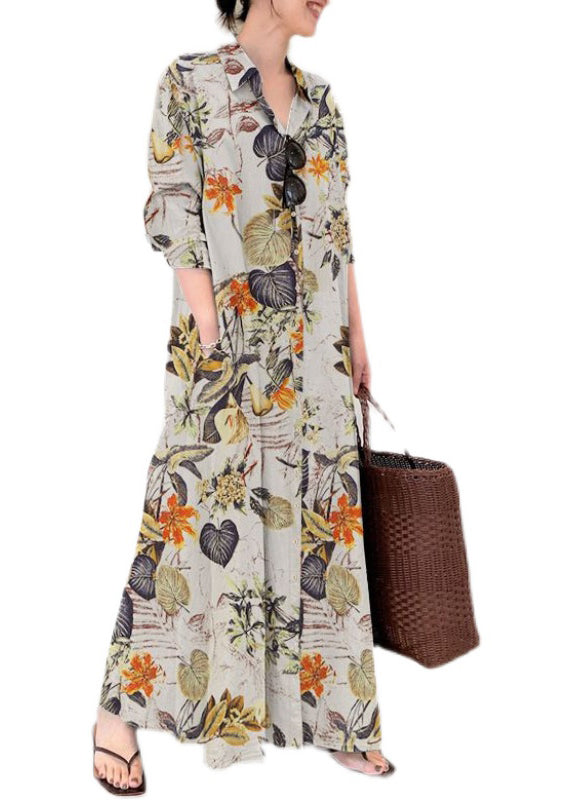 Casual Beige Oversized Print Cotton Shirt Ankle Dress Spring