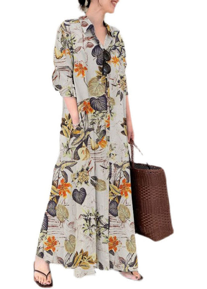 Casual Beige Oversized Print Cotton Shirt Ankle Dress Spring