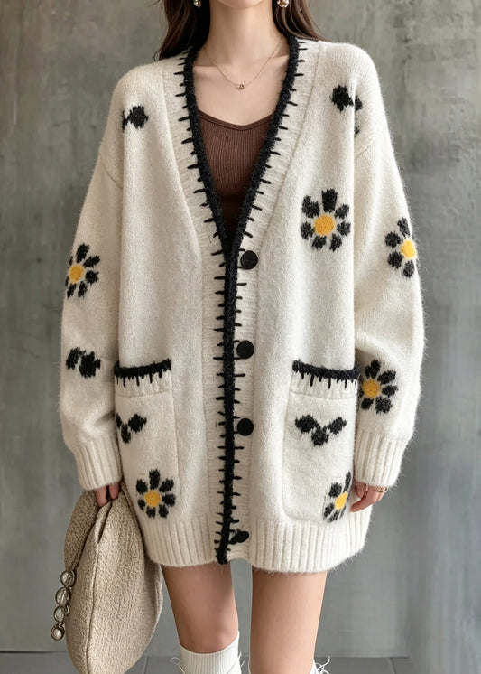 Casual Beige Patchwork Button Cotton Knit Cardigan Long Sleeve