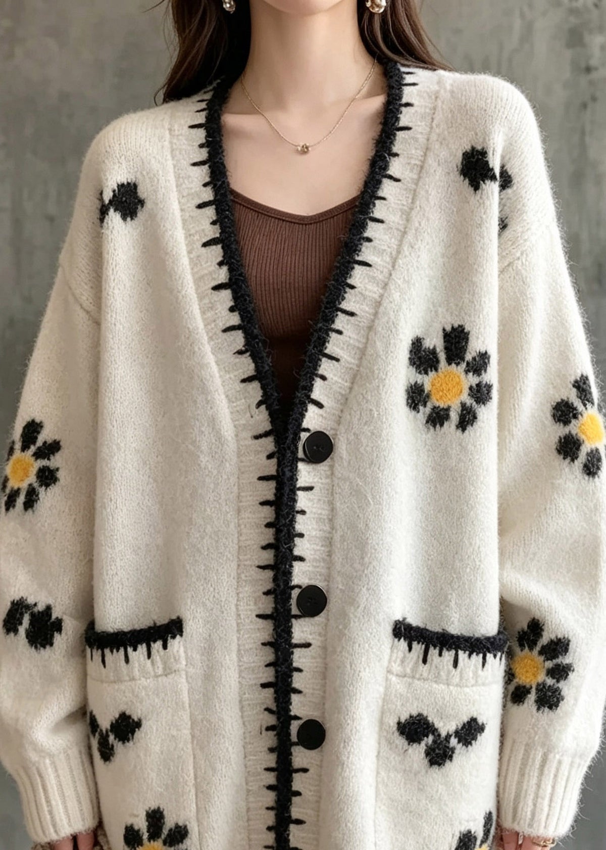 Casual Beige Patchwork Button Cotton Knit Cardigan Long Sleeve