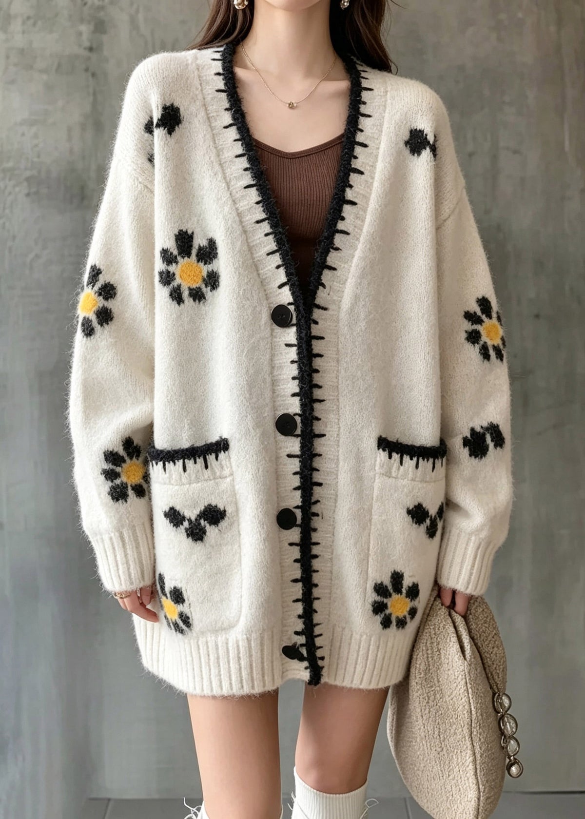 Casual Beige Patchwork Button Cotton Knit Cardigan Long Sleeve