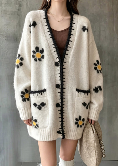Casual Beige Patchwork Button Cotton Knit Cardigan Long Sleeve