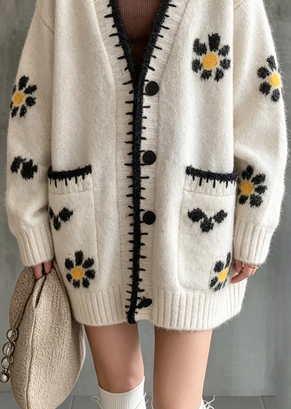 Casual Beige Patchwork Button Cotton Knit Cardigan Long Sleeve
