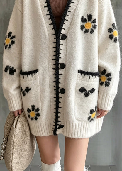 Casual Beige Patchwork Button Cotton Knit Cardigan Long Sleeve