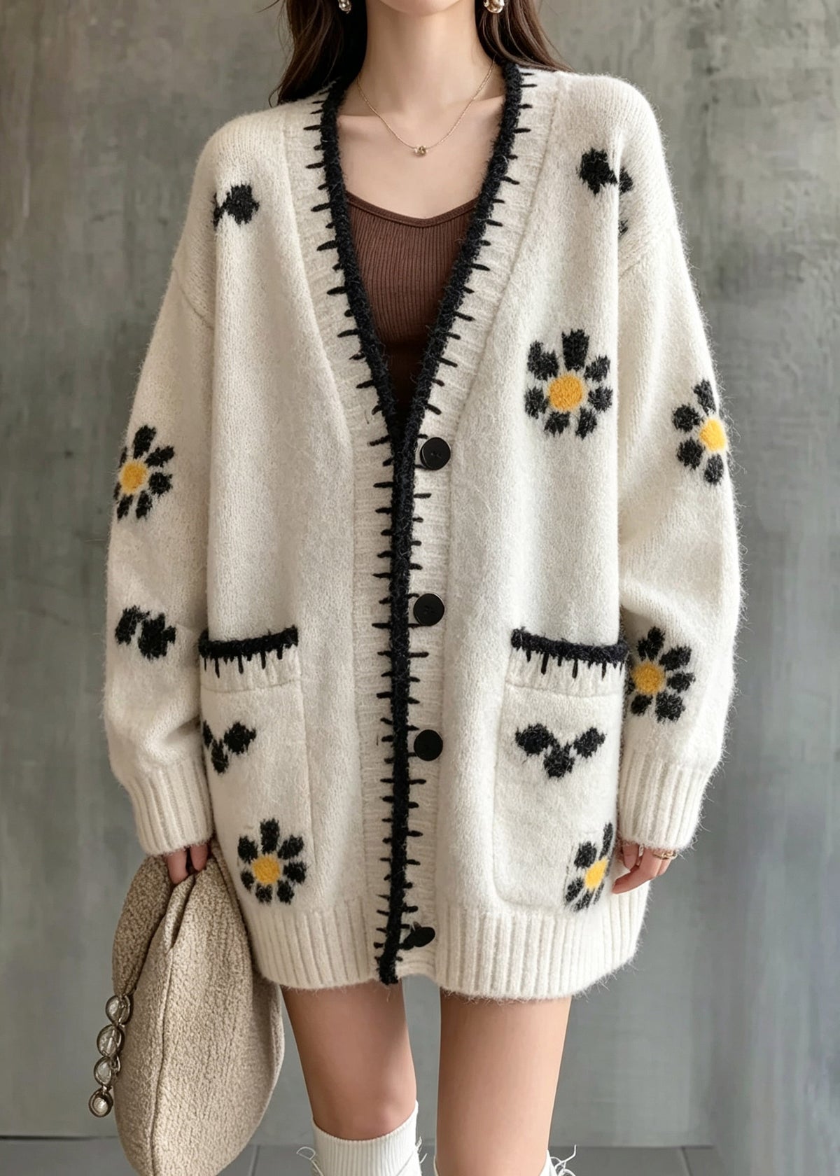 Casual Beige Patchwork Button Cotton Knit Cardigan Long Sleeve