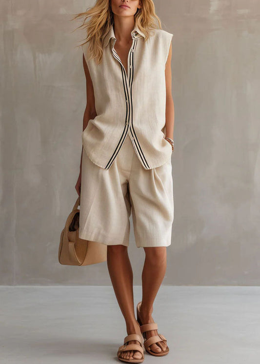 Casual Beige Peter Pan Collar Patchwork Linen Two-Piece Set Sleeveless