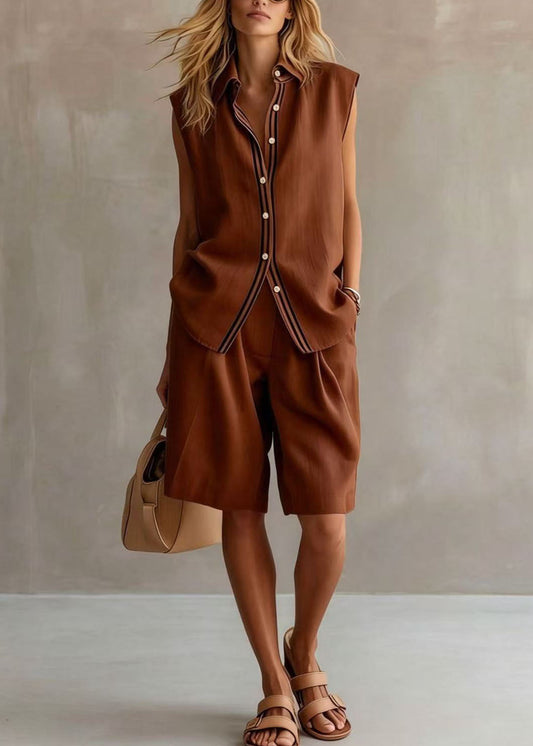 Casual Beige Peter Pan Collar Patchwork Linen Two-Piece Set Sleeveless