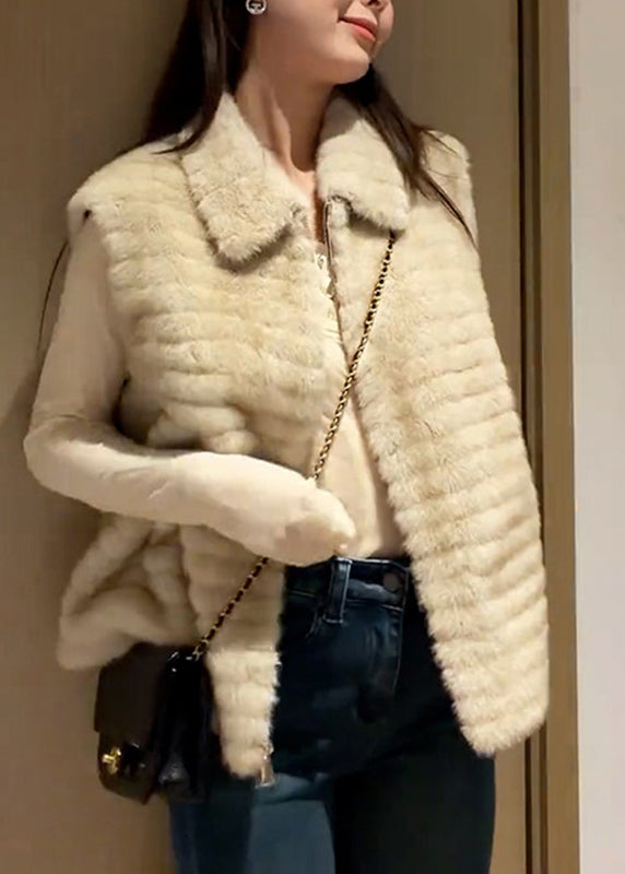 Casual Beige Peter Pan Collar Zippered Patchwork Mink Hair Waistcoat Winter