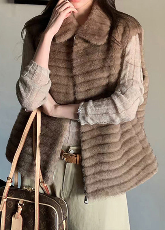 Casual Beige Peter Pan Collar Zippered Patchwork Mink Hair Waistcoat Winter