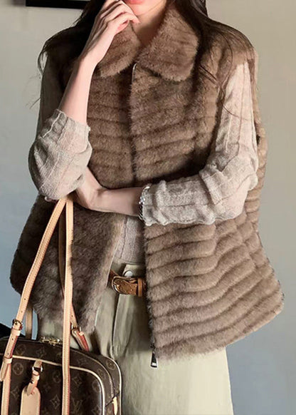 Casual Beige Peter Pan Collar Zippered Patchwork Mink Hair Waistcoat Winter