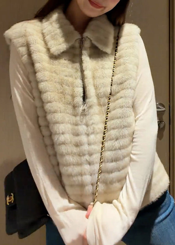 Casual Beige Peter Pan Collar Zippered Patchwork Mink Hair Waistcoat Winter