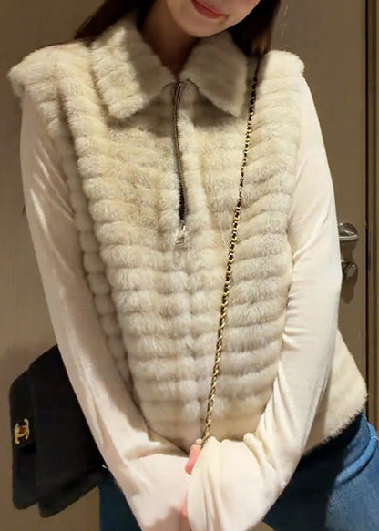 Casual Beige Peter Pan Collar Zippered Patchwork Mink Hair Waistcoat Winter