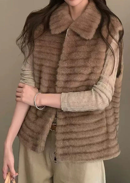 Casual Beige Peter Pan Collar Zippered Patchwork Mink Hair Waistcoat Winter