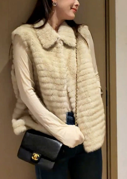 Casual Beige Peter Pan Collar Zippered Patchwork Mink Hair Waistcoat Winter