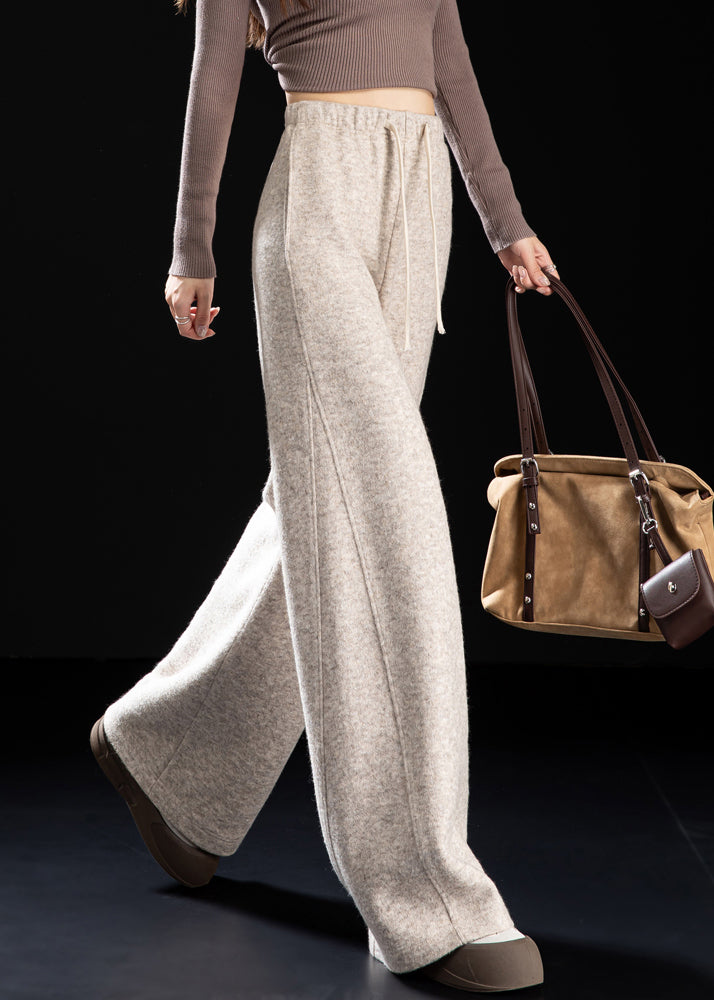 Casual Beige Pockets Drawstring Woolen Pants Spring