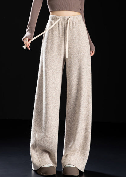 Casual Beige Pockets Drawstring Woolen Pants Spring