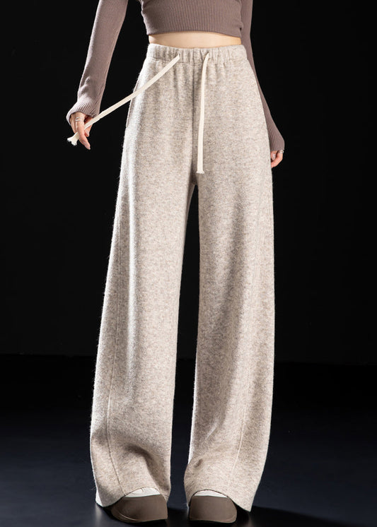 Casual Beige Pockets Drawstring Woolen Pants Spring