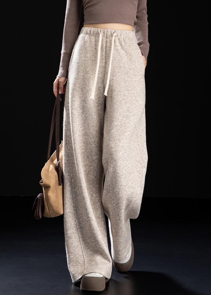 Casual Beige Pockets Drawstring Woolen Pants Spring