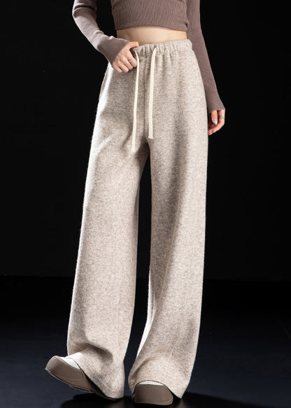 Casual Beige Pockets Drawstring Woolen Pants Spring