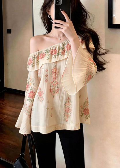 Casual Beige Slash Neck Print Cotton Strapless Blouses Spring