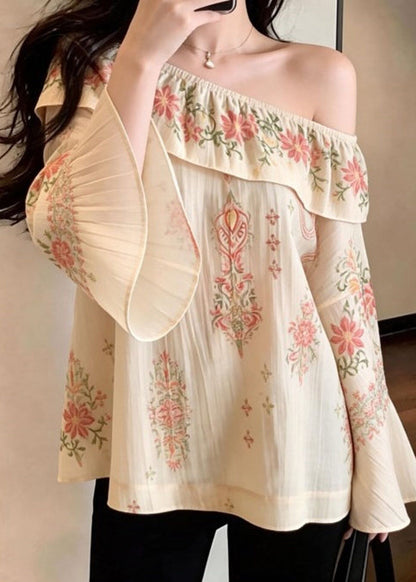 Casual Beige Slash Neck Print Cotton Strapless Blouses Spring