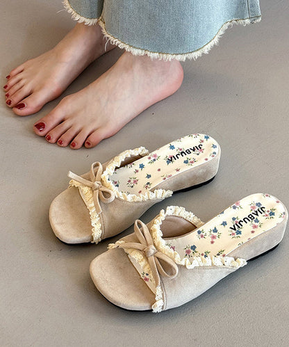 Casual Beige Splicing Lace Wedge Thong Sandals