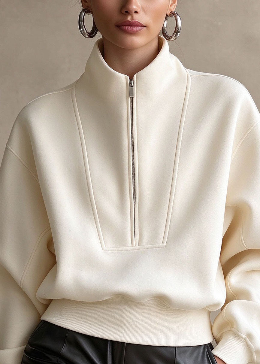 Casual Beige Stand Collar Zip Up Patchwork Cotton Top Fall