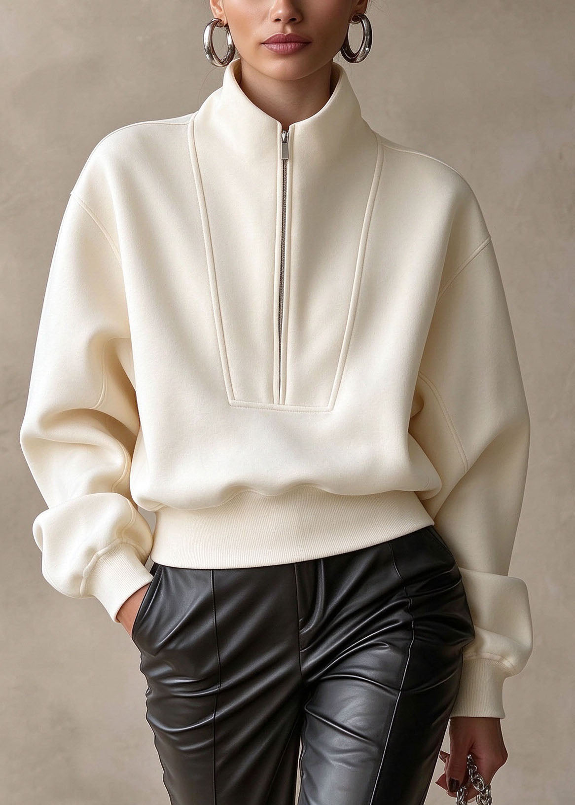 Casual Beige Stand Collar Zip Up Patchwork Cotton Top Fall