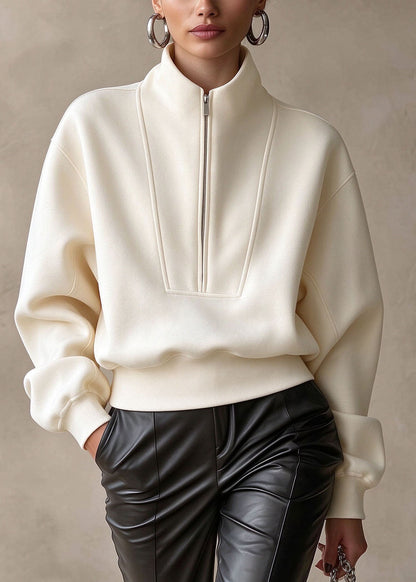 Casual Beige Stand Collar Zip Up Patchwork Cotton Top Fall