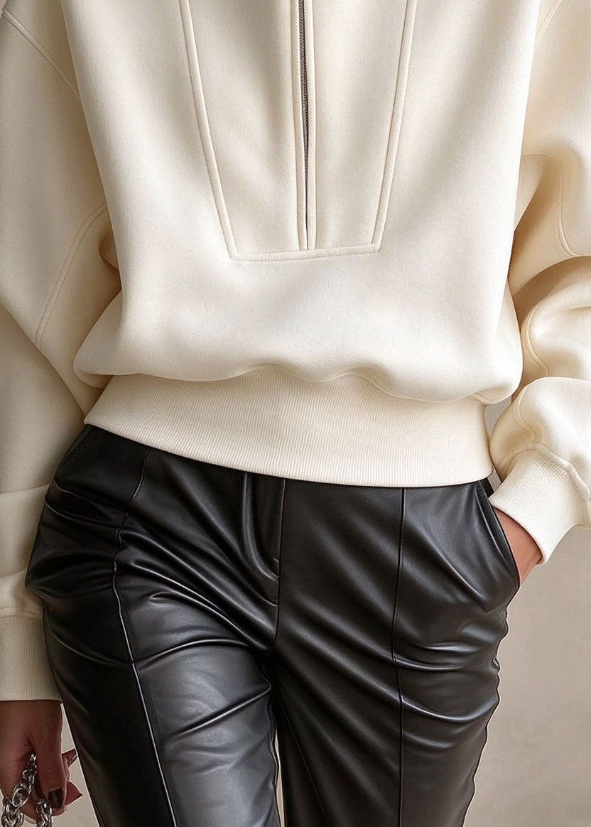 Casual Beige Stand Collar Zip Up Patchwork Cotton Top Fall