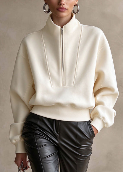 Casual Beige Stand Collar Zip Up Patchwork Cotton Top Fall
