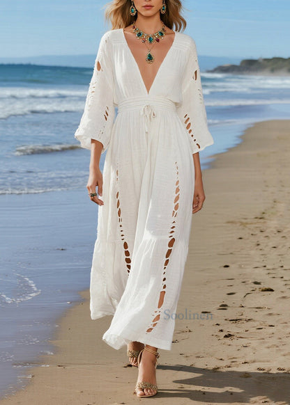 Casual Beige V Neck Hollow Out Cotton Holiday Dresses Spring