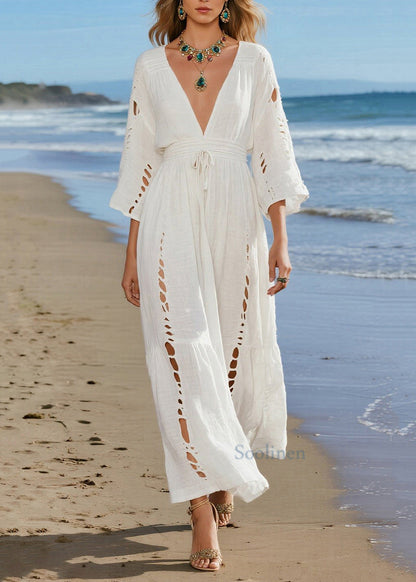 Casual Beige V Neck Hollow Out Cotton Holiday Dresses Spring