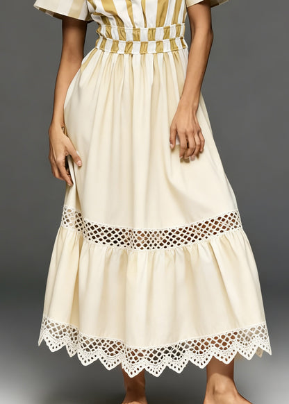 Casual Beige V Neck Hollow Out Patchwork Cotton Long Dresses Summer