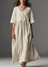 Load image into Gallery viewer, Casual Beige V Neck Patchwork Plus Size Linen Dress Summer