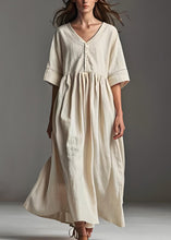 Load image into Gallery viewer, Casual Beige V Neck Patchwork Plus Size Linen Dress Summer