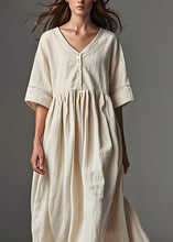 Load image into Gallery viewer, Casual Beige V Neck Patchwork Plus Size Linen Dress Summer